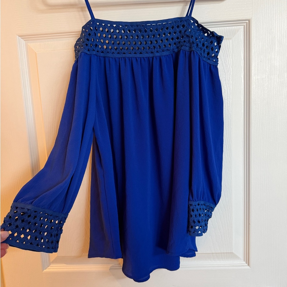 Elegant Blue Off-Shoulder Blouse with Crochet Accents